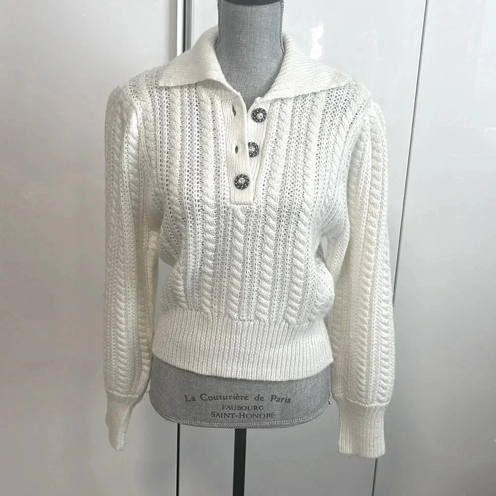 NWOT 1. STATE Wool Blend Sweater Crystal Buttons Collar, Size M